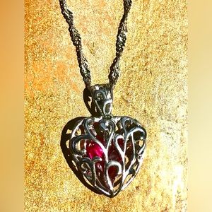Ruby Heart in Sterling Silver Filigree Necklace